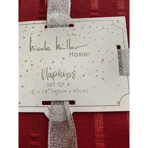 Set of 6 Nicole Miller Home Red Cotton Dinner Napkins Metallic Stripe